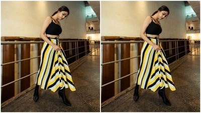 Keerthy played muse to fashion designer house Cilvr and picked a black and yellow co-ord set for the pictures. (Instagram/@keerthysureshofficial)