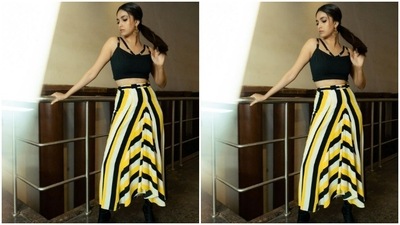 In golden hoop earrings, Keerthy accessorised her look to perfection. "You know what it is.. black and yellow, black and yellow, black and yellow,” Keerthy borrowed the lyrics from Wiz Khalifa's song Black And Yellow for the caption. (Instagram/@keerthysureshofficial)
