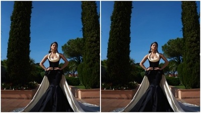 Tamannaah played muse to fashion designer Gauri and Nainika and picked a stunning monochrome gown for the pictures. (Instagram/@tamannaahspeaks)