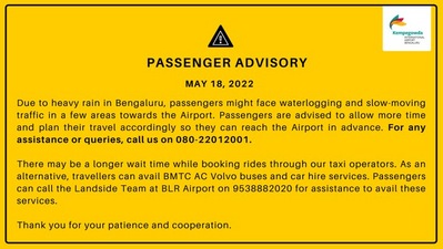 The rains even made the Bengaluru Airport issue an advisory saying: “Due to heavy rain in Bengaluru, passengers might face waterlogging and slow-moving traffic in a few areas towards the Airport. Please plan your travel accordingly.” (Source: BLR Airport/Twitter) The rains even made the Bengaluru Airport issue an advisory saying: “Due to heavy rain in Bengaluru, passengers might face waterlogging and slow-moving traffic in a few areas towards the Airport. Please plan your travel accordingly.” (Source: BLR Airport/Twitter)