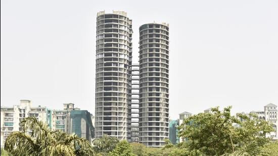 Noida, India-May 14, 2022: A view of Supertech Twin Tower, at Sector 93A, in Noida, India, on Saturday, May 14, 2022. (Photo by Sunil Ghosh / Hindustan Times) (Hindustan Times)