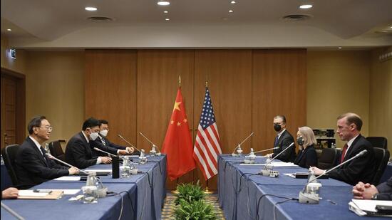 Yang Jiechi, a Chinese Communist Party politburo member and director of the foreign affairs commission (left) meets with US national security adviser Jake Sullivan (right) in Rome, Italy, on March 14, 2022. (AP) Yang Jiechi, a Chinese Communist Party politburo member and director of the foreign affairs commission (left) meets with US national security adviser Jake Sullivan (right) in Rome, Italy, on March 14, 2022. (AP)