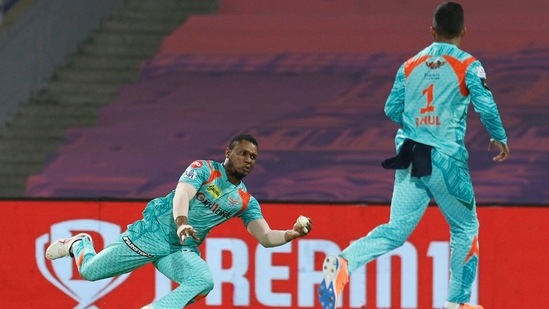 Evin Lewis of Lucknow Super Giants takes the catch of Rinku Singh of Kolkata Knight Riders(IPL)