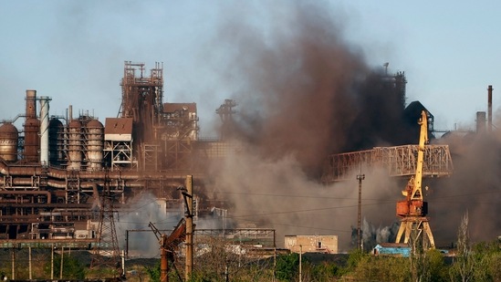 FILE - Smoke rises from the Metallurgical Combine Azovstal in Mariupol during shelling, in Mariupol.(AP)