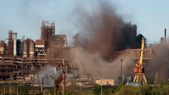 FILE - Smoke rises from the Metallurgical Combine Azovstal in Mariupol during shelling, in Mariupol.(AP)