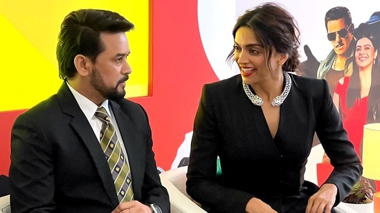 Cannes (France), May 18 (ANI): Union Minister for Information & Broadcasting, Youth Affairs and Sports, Anurag Singh Thakur with actress Deepika Padukone at Indian Pavilion of Cannes Film Festival, in Cannes on Wednesday. (ANI Photo/ ANI Picture Service)(ANI)