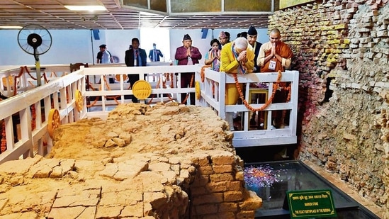 Prime Minister (PM) Narendra Modi and Nepalese PM Sher Bahadur Deuba at the Maya Devi Temple in Lumbini.&nbsp;(ANI)