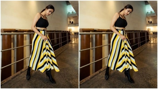 Keerthy played muse to fashion designer house Cilvr and picked a black and yellow co-ord set for the pictures.(Instagram/@keerthysureshofficial)