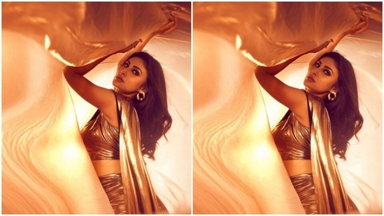 Mouni played muse to fashion designer house Deme and picked a metallic ensemble for the pictures.(Instagram/@imouniroy)
