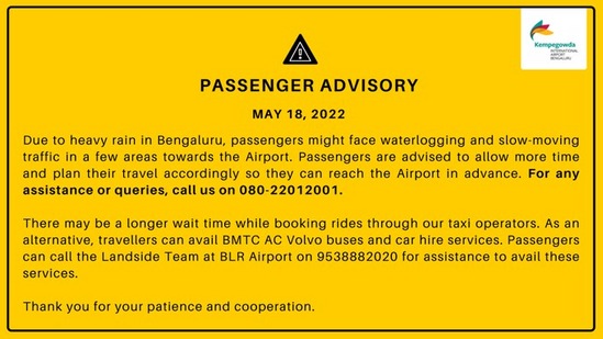 The rains even made the Bengaluru Airport issue an advisory saying: “Due to heavy rain in Bengaluru, passengers might face waterlogging and slow-moving traffic in a few areas towards the Airport. Please plan your travel accordingly.” (Source: BLR Airport/Twitter)