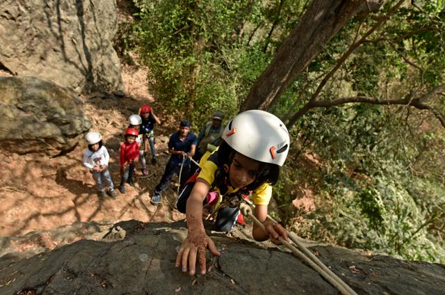 Mumbai, India - May 5, 2019: Children taking part of different type of adventurous activities such as Commander bridge, Zip-line and Rock climbing at Sanjay Ghandi National Park, Borivali in Mumbai, India, on Sunday, May 5, 2019. (Photo by Satyabrata Tripathy/Hindustan Times) (Satyabrata Tripathy/HT Photo)