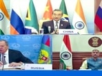 Foreign ministers address the BRICS meet virtually on Thursday. (Twitter @DrSJaishankar) Foreign ministers address the BRICS meet virtually on Thursday. (Twitter @DrSJaishankar)