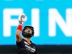 Virat Kohli of Royal Challengers Bangalore gestures after completing his fifty against Gujarat Titans(IPL)