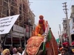 Congress leader Navjot Singh Sidhu rides an elephant in order to protest over inflation in Patiala Congress leader Navjot Singh Sidhu rides an elephant in order to protest over inflation in Patiala