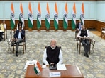 PM Narendra Modi with External Affairs Minister S.Jaishankar and National Security Advisor Ajit Doval. PM Narendra Modi with External Affairs Minister S.Jaishankar and National Security Advisor Ajit Doval.