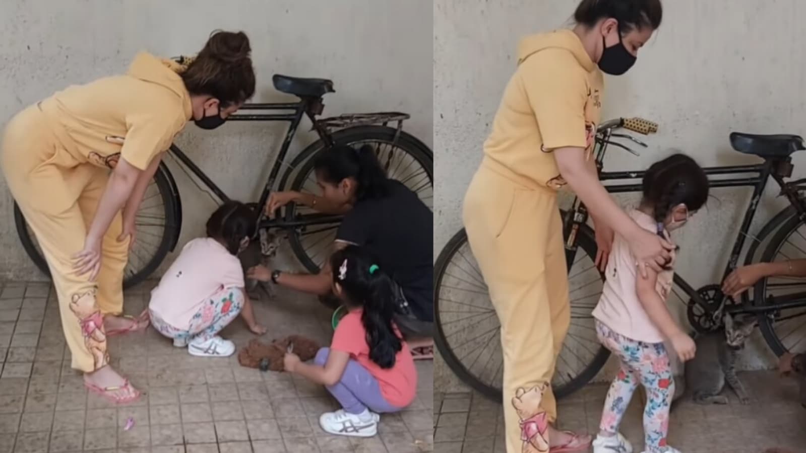 Soha Ali Khan holds daughter Inaaya, as she tries to touch a cat. Watch