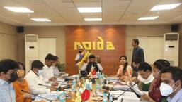Noida, India-May 19, 2022: Uttar Pradesh Industries minister Nand Gopal Gupta Nandi chairs a meeting on the review of progress in the ongoing industrial and infrastructure projects in twin cities- Noida and Greater Noida, in Noida, India, on Thursday, May 19, 2022. (HT Photo) (Hindustan Times)