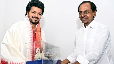Vijay meets Telangana Chief Minister K Chandrasekhar Rao at Pragati Bhavan in Hyderabad on Wednesday. (ANI) (Mohammed Aleemuddin ) Vijay meets Telangana Chief Minister K Chandrasekhar Rao at Pragati Bhavan in Hyderabad on Wednesday. (ANI) (Mohammed Aleemuddin )
