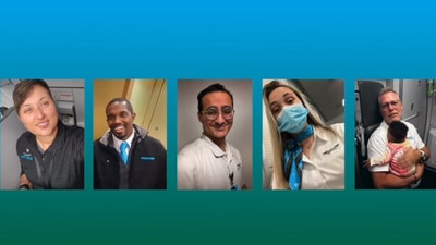 The image shows the flight crew with the newborn baby girl. (Facebook/@Frontier Airlines) The image shows the flight crew with the newborn baby girl. (Facebook/@Frontier Airlines)