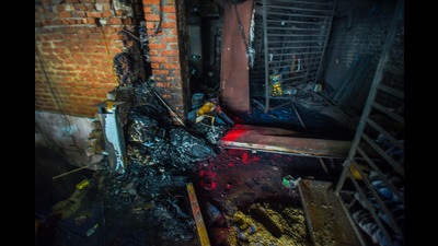 A view of the charred remains inside the factory in New Mustafabad. (Raj K Raj/HT)