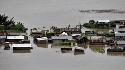A view of the flooded Katoguri village in Assam's Morigaon district. A view of the flooded Katoguri village in Assam's Morigaon district.