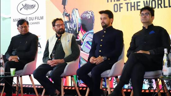 Cannes, May 19 (ANI): Union Information and Broadcasting Minister Anurag Thakur with Central Board of Film Certification member Prasoon Joshi,Filmmaker Shekhar Kapur and others at the India Forum, "India: The content hub of the world" at Cannes Film Festival 2022, in Cannes on Thursday. (ANI Photo/PIB India) (ANI)