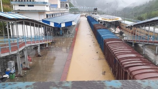 Submerged railway tracks at New Halflong train station in Assam’s Dima Hasao district.(HT)