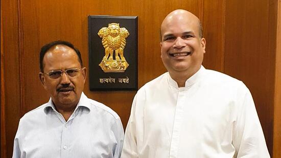 Sri Lankan high commissioner Milinda Moragoda thanked national security advisor (NSA) Ajit Doval for the support extended by India to manage Sri Lanka’s crisis situation. (Twitter/Sri Lanka in India)