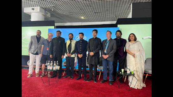 (From left to right) Ricky Kej, Philippe Avril, Apurva Chandra, Shekhar Kapoor, Anurag Thakur, Prasoon Joshi, Scott Roxborough, R Madhavan, Vani Tripathi Tikoo