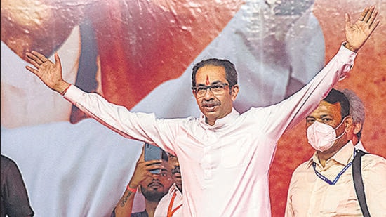 Mumbai, India - May 14, 2021: Maharashtra Chief Minister Uddhav Thackeray greets party workers during the Shiv Sena rally at MMRDA Grounds, Bandra-Kurla Complex (BKC), in Mumbai, India, on Saturday, May 14, 2021. (Photo by Pratik Chorge/Hindustan Times) (Pratik Chorge/HT PHOTO)