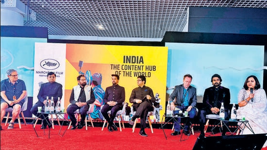 (From left to right) Philippe Avril, Apurva Chandra, Shekhar Kapoor, Anurag Thakur, Prasoon Joshi, Scott Roxborough, R Madhavan, Vani Tripathi Tikoo