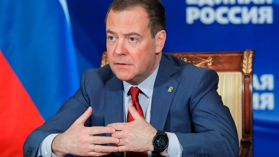 Russian Security Council Deputy Chairman and the head of the United Russia party Dmitry Medvedev.(AP) Russian Security Council Deputy Chairman and the head of the United Russia party Dmitry Medvedev.(AP)