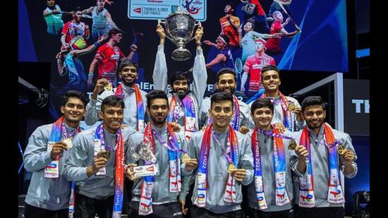 Indian badminton team celebrate after wining the Thomas Cup, in Bangkok on Sunday. (Photo: ANI) Indian badminton team celebrate after wining the Thomas Cup, in Bangkok on Sunday. (Photo: ANI)