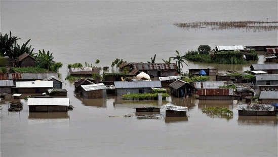 A view of the flooded Katoguri village in Assam's Morigaon district.
