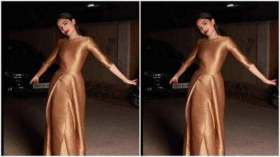 Sobhita played muse to fashion designer Payal Khandwala and picked a golden gown for the promotions.(Instagram/@sobhitad)
