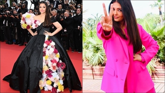 Cannes 2022: Aishwarya Rai slays dramatic looks from Dolce &amp; Gabbana black gown with 3D flowers to <span class='webrupee'>₹</span>4 lakh hot pink Valentino suit&nbsp;(Twitter@ashveersingh06/Instagram@aishwaryaraibachchan_arb)