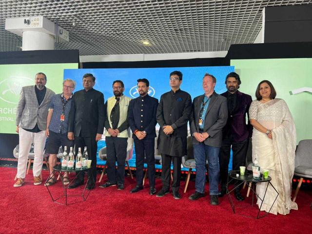 (From left to right) Ricky Kej, Philippe Avril, Apurva Chandra, Shekhar Kapoor, Anurag Thakur, Prasoon Joshi, Scott Roxborough, R Madhavan, Vani Tripathi Tikoo