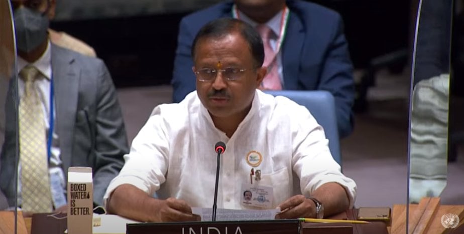 Union minister V Muraleedharan at an open meeting in the UNSC on Thursday. (ANI Twitter) Union minister V Muraleedharan at an open meeting in the UNSC on Thursday. (ANI Twitter)
