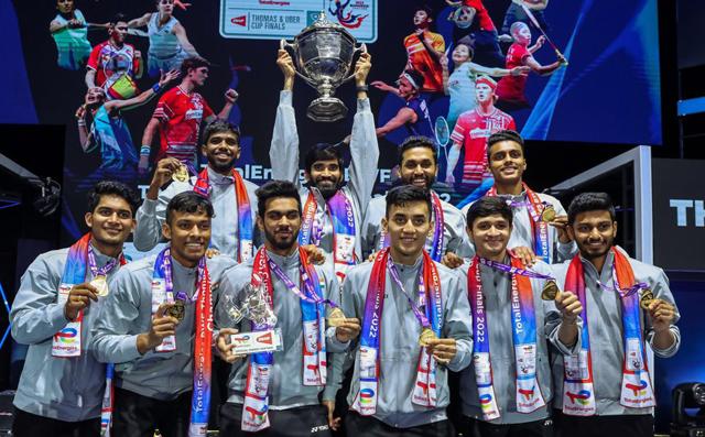 Indian badminton team celebrate after wining the Thomas Cup, in Bangkok on Sunday. (Photo: ANI) Indian badminton team celebrate after wining the Thomas Cup, in Bangkok on Sunday. (Photo: ANI)