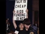 In 1990, when AIDS was ravaging the gay community, she disrupted a speech by then President George HW Bush with a placard saying “Talk is cheap, AIDS funding is not.”&nbsp;