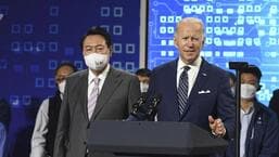 US President Joe Biden (right) speaks with South Korean President Yoon Suk-youl next to him during a press conference after a visit to the Samsung Electronic Pyeongtaek Campus, in Pyeongtaek, South Korea, on Friday, the first day of his trip to Asia. (AP)