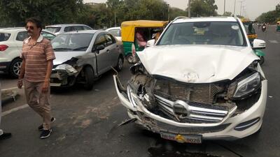Haryana speaker’s SUV was hit by a car while he was on his way to the Chandigarh International Airport near Sector 48 on Friday. (HT Photo) Haryana speaker’s SUV was hit by a car while he was on his way to the Chandigarh International Airport near Sector 48 on Friday. (HT Photo)