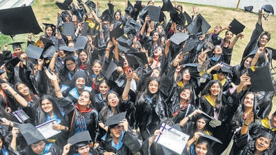 Students celebrating after receiving their degrees at the annual convocation ceremony of Post Graduate Government College for Girls in Sector 11, Chandigarh. (Ravi Kumar/HT) Students celebrating after receiving their degrees at the annual convocation ceremony of Post Graduate Government College for Girls in Sector 11, Chandigarh. (Ravi Kumar/HT)