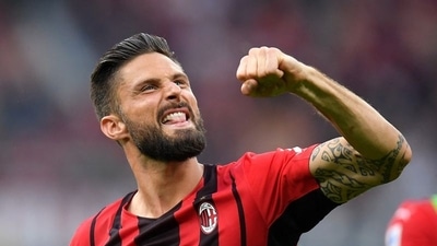 AC Milan's Olivier Giroud celebrates after the match (REUTERS)