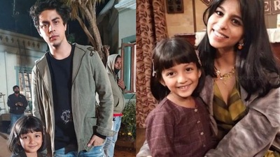 Aryan Khan and Suhana Khan pose with their fans. Aryan Khan and Suhana Khan pose with their fans.