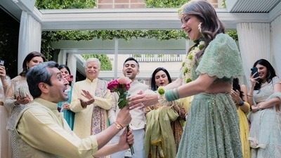On Friday, Kanika posted the photos from her and Gautam's Mehendi ceremony on Instagram. She captioned the post, "G [heart emoticon] I Love you sooooo much." The star slipped into a mint green lehenga set for the occasion embracing summer pastels aesthetics for the dreamy look. Whereas Gautam complemented her in a cream bandhgala jacket and lemon yellow kurta and pants set. If you are a bride-to-be, Kanika's outfit should inspire your get-ups for the upcoming wedding. (Instagram)