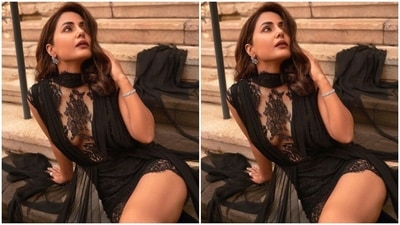 Hina opted for a minimal makeup look to complement her attire. In nude eyeshadow, mascara-laden eyelashes, drawn eyebrows, contoured cheeks and a shade of maroon lipstick, the actor looked ever-stunning. (Instagram/@realhinakhan)