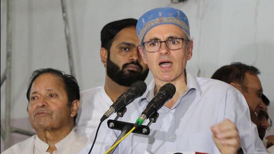 National Conference vice-president Omar Abdullah addresses a party meeting in Jammu on Friday. (PTI)