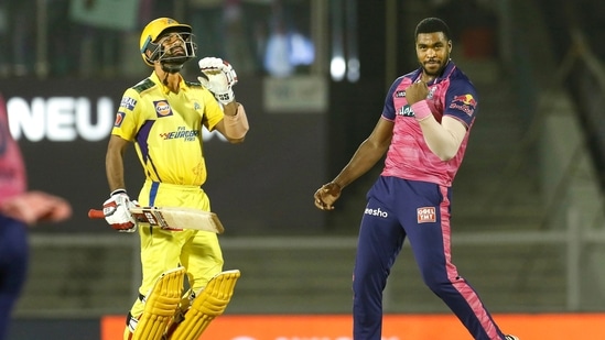 Mumbai: Obed Mccoy of Rajasthan Royals celebrates the wicket of N. Jagadeesan of the Chennai Super Kings during T20 cricket match 68 of the Indian Premier League 2022 (IPL season 15), between Rajasthan Royals and Chennai Super Kings, at the Brabourne Stadium (CCI) in Mumbai, Friday, May 20, 2022. (Sportzpics for IPL/PTI Photo)(PTI05_20_2022_000231B)(PTI)