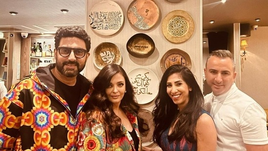 Abhishek Bachchan and Aishwarya Rai Bachchan at a restaurant in Cannes.